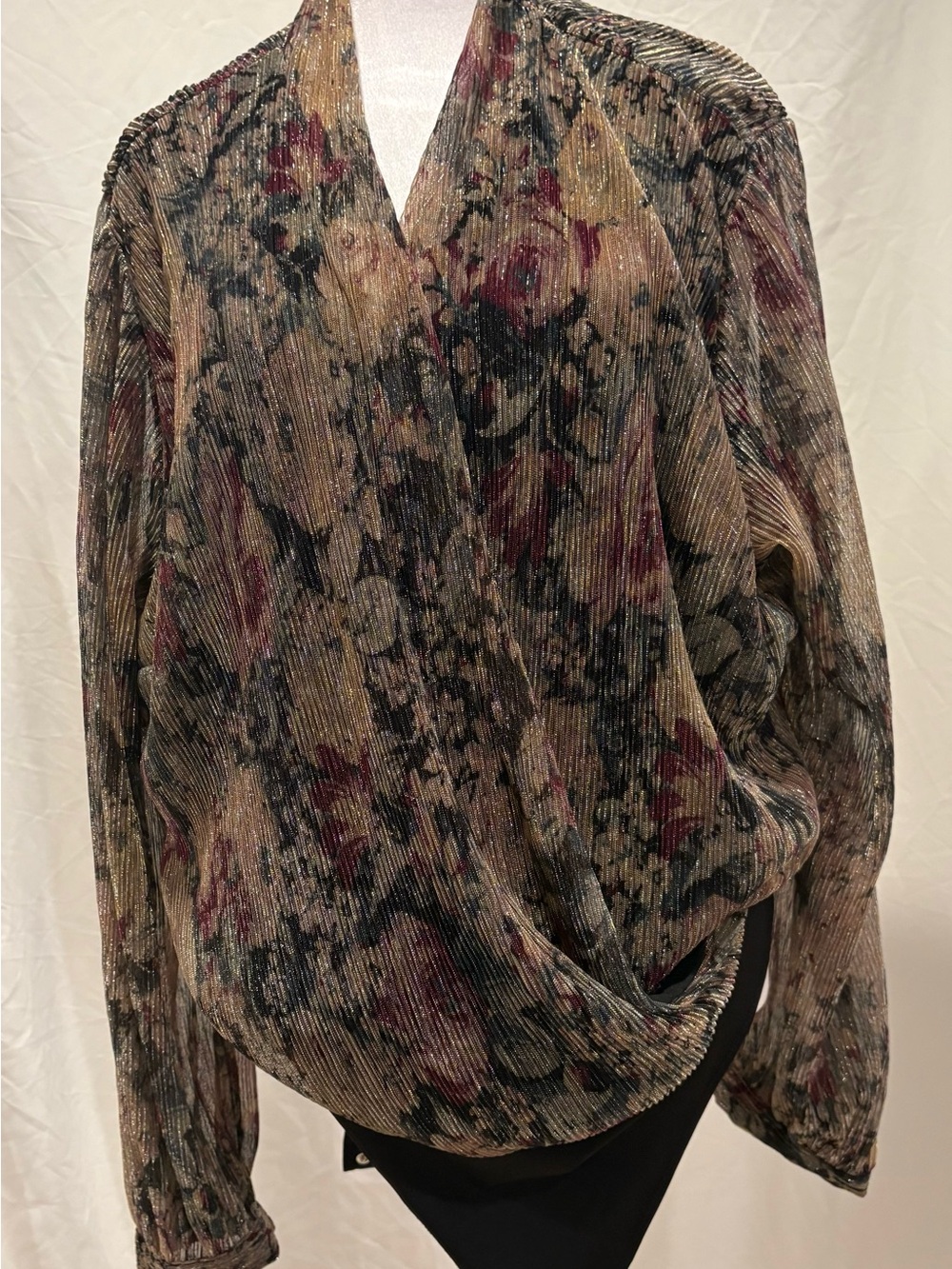 Lauren Conrad Floral Pleated Wrap-Front Women's body suit in Taupe and Burgundy